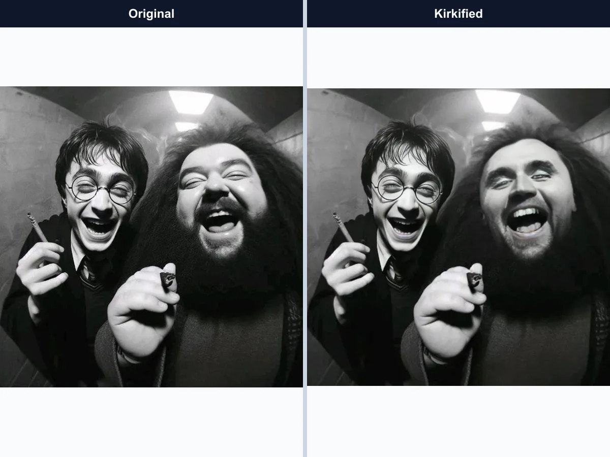 Kirkify group photo case 07 original versus Kirkified face transformation