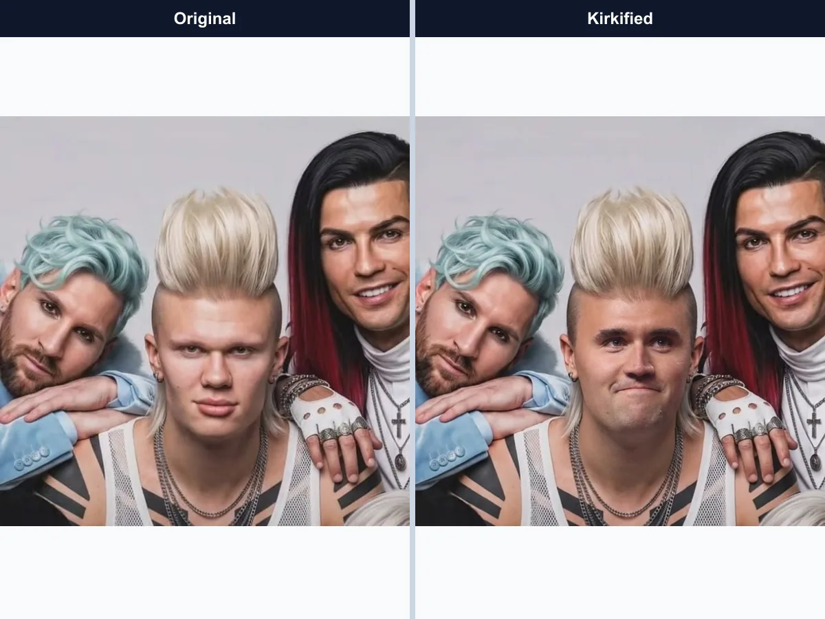 Trasformazione del volto Kirkify in foto di gruppo, caso 11: originale a confronto con il risultato Kirkified
