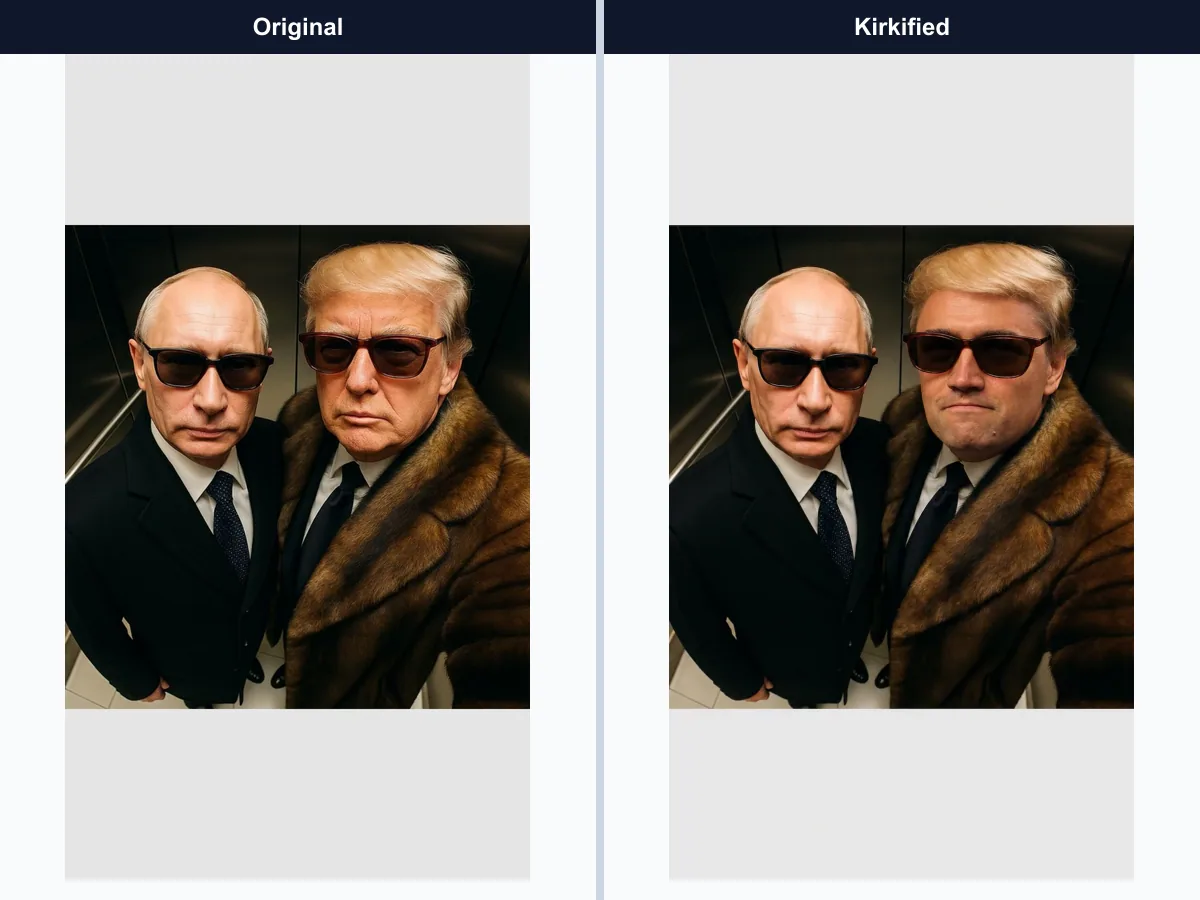 Trasformazione del volto Kirkify in foto di gruppo, caso 13 png: originale a confronto con il risultato Kirkified
