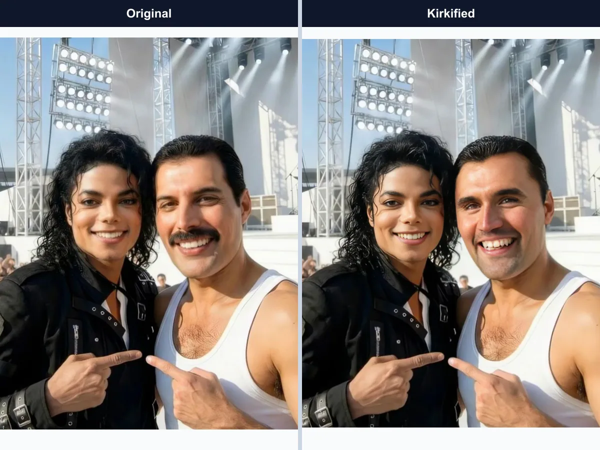 Kirkify group photo concert face transformation for case 16, original image compared with the Kirkified result