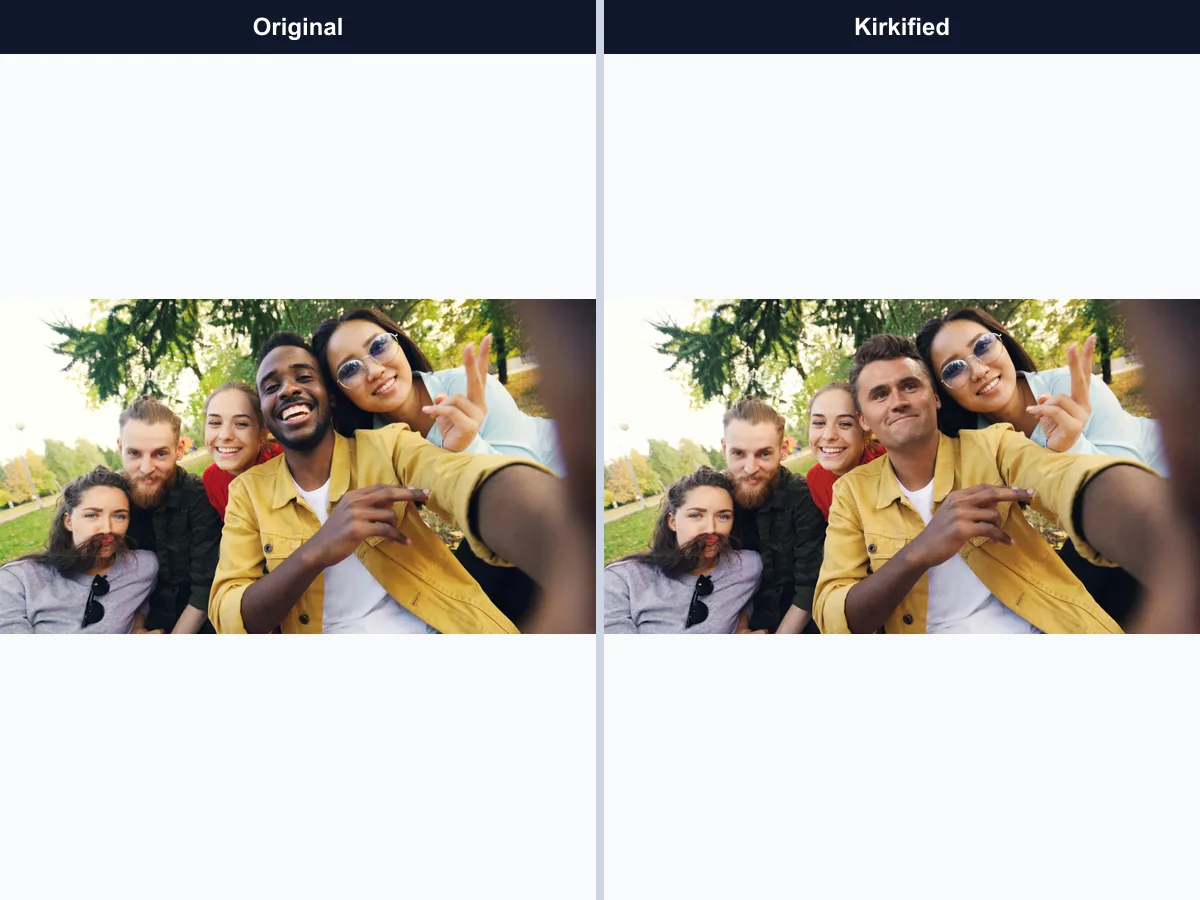 Trasformazione del volto Kirkify in foto di gruppo, caso 16: originale a confronto con il risultato Kirkified