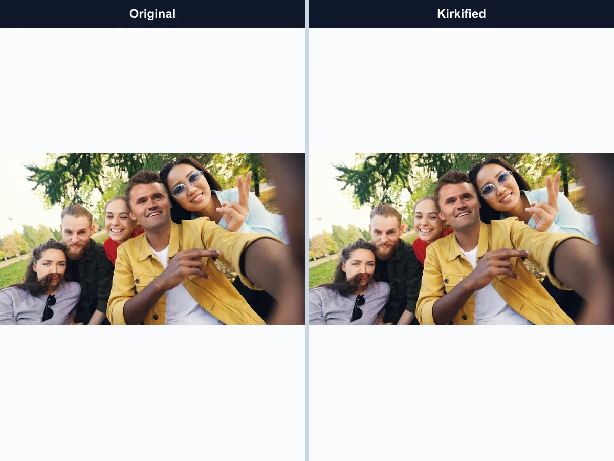 Trasformazione del volto Kirkify in foto di gruppo, caso vitaly gariev: originale a confronto con il risultato Kirkified